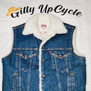One of a Kind Upcycled Levis sherpa lined jean vest w/applique & rhinestones "M"